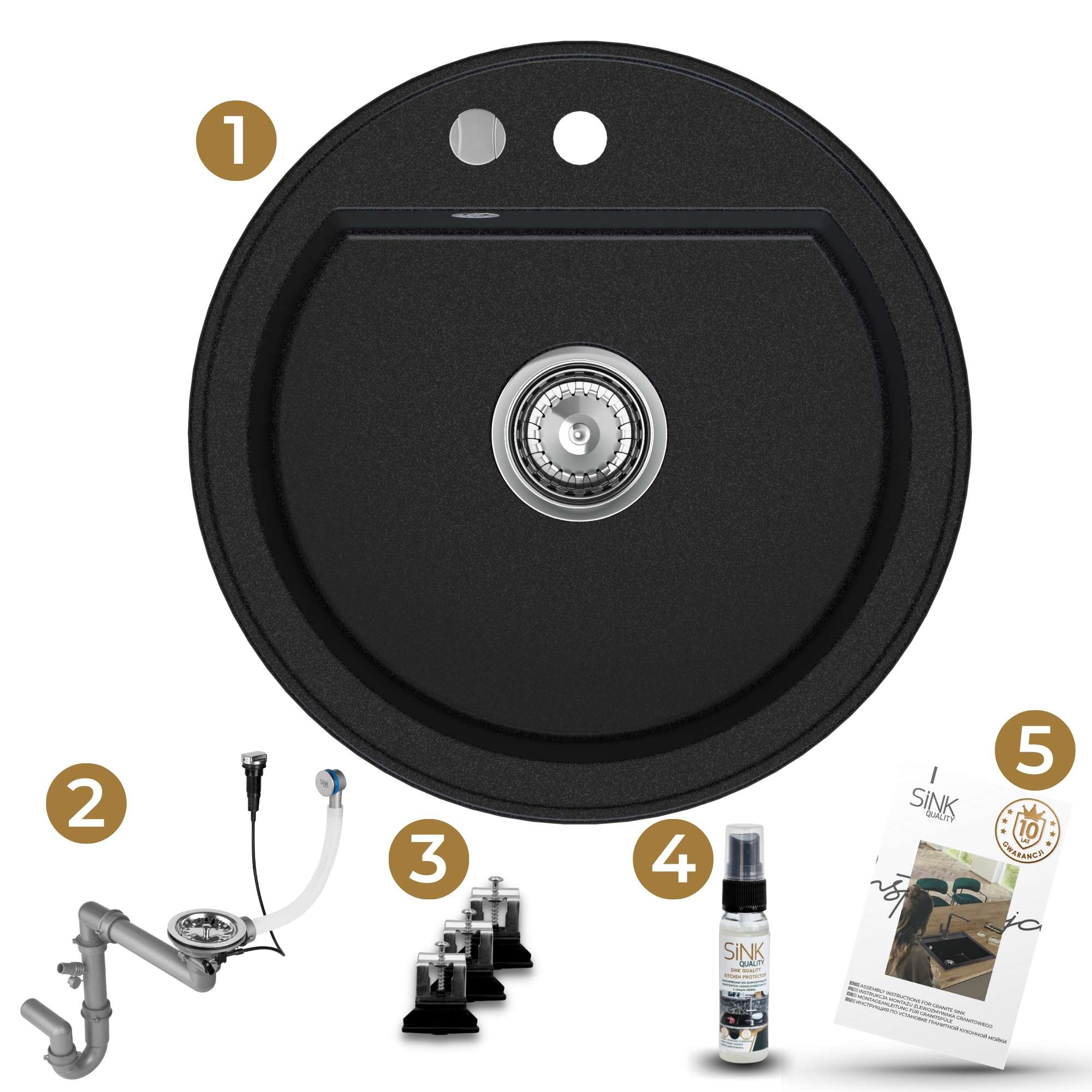 Zlew granitowy Luna z elementami dołączonymi do zestawu